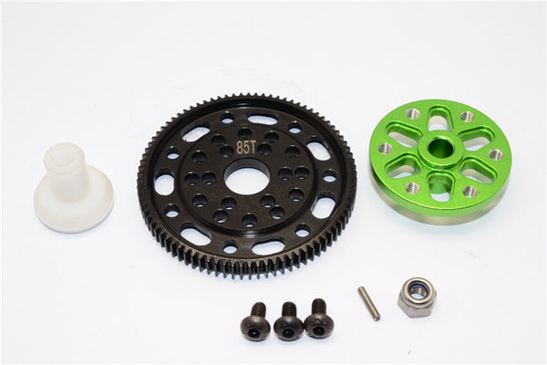 Axial SCX10 & Wraith Steel #45 Spur Gear 48 Pitch 85T + Aluminum Spur Gear Adapter - 1 Set Green