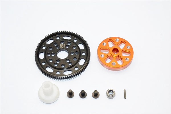 Axial SCX10 & Wraith Steel #45 Spur Gear 48 Pitch 85T + Aluminum Spur Gear Adapter - 1 Set Orange