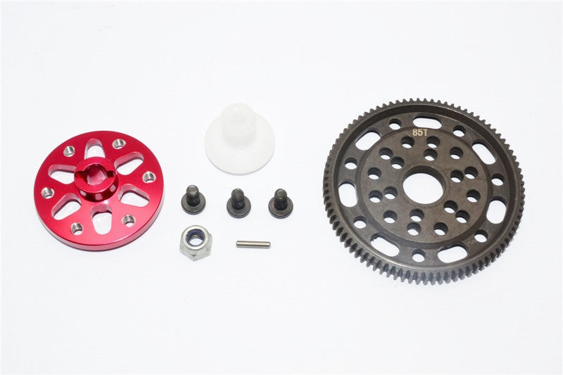 Axial SCX10 & Wraith Steel #45 Spur Gear 48 Pitch 85T + Aluminum Spur Gear Adapter - 1 Set Red