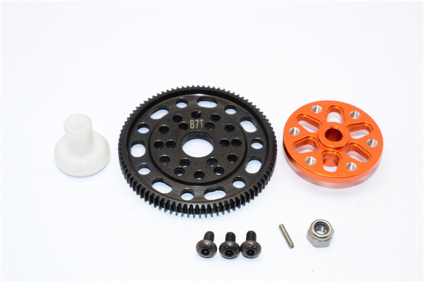 Axial SCX10 & Wraith Steel #45 Spur Gear 48 Pitch 87T + Aluminum Spur Gear Adapter - 1 Set Orange