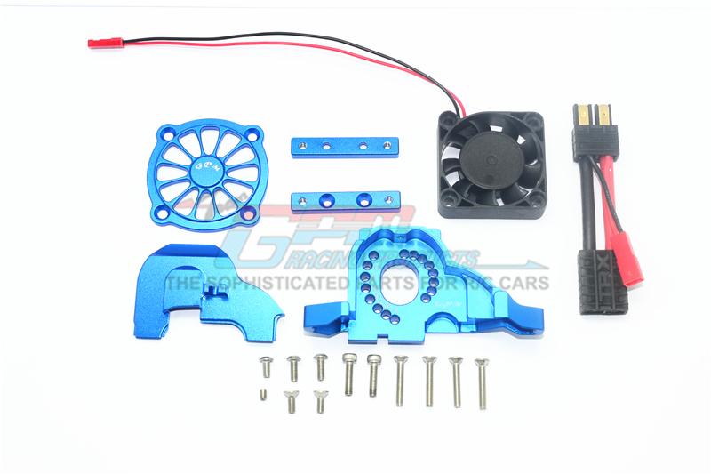 Traxxas TRX-4 Aluminum Motor Mount + Upper Spur Gear Case Cover With Cooling Fan - 19Pc Set Blue