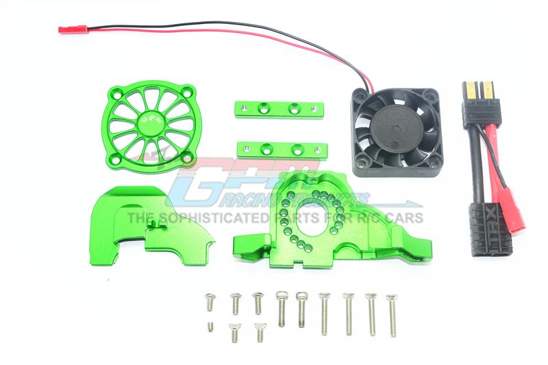 Traxxas TRX-4 Aluminum Motor Mount + Upper Spur Gear Case Cover With Cooling Fan - 19Pc Set Green