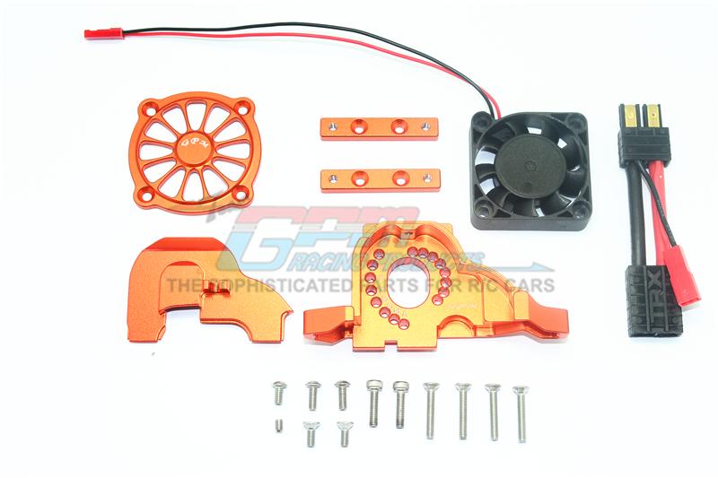 Traxxas TRX-4 Aluminum Motor Mount + Upper Spur Gear Case Cover With Cooling Fan - 19Pc Set Orange