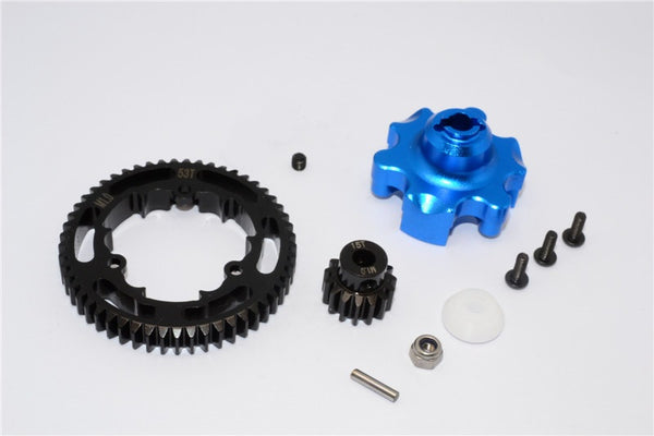 Traxxas X-Maxx 4X4 Aluminum Gear Adapter + Steel Spur Gear 53T + Motor Gear 15T - 1 Set Blue