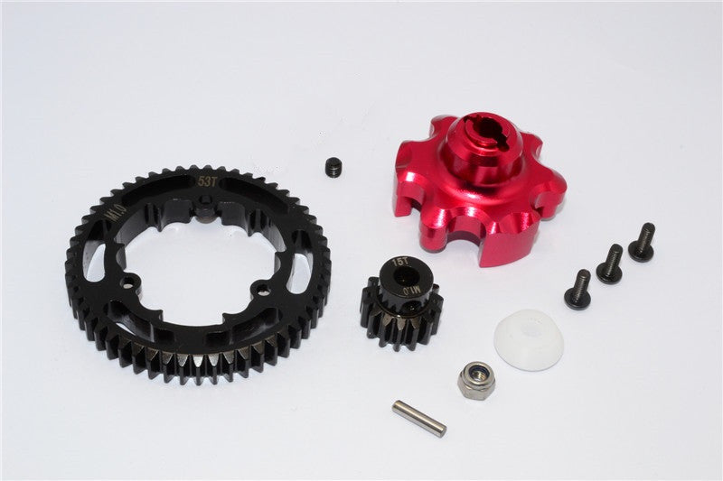 Traxxas X-Maxx 4X4 Aluminum Gear Adapter + Steel Spur Gear 53T + Motor Gear 15T - 1 Set Red