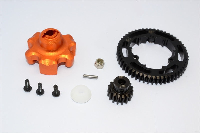 Traxxas X-Maxx 4X4 Aluminum Gear Adapter + Steel Spur Gear 53T + Motor Gear 16T - 1 Set Orange