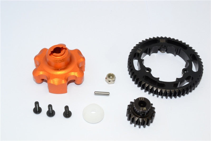 Traxxas X-Maxx 4X4 Aluminum Gear Adapter + Steel Spur Gear 53T + Motor Gear 17T - 1 Set Orange