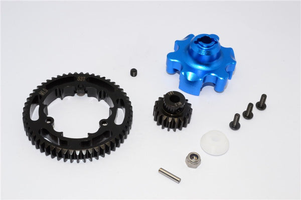 Traxxas X-Maxx 4X4 Aluminum Gear Adapter + Steel Spur Gear 53T + Motor Gear 18T - 1 Set Blue