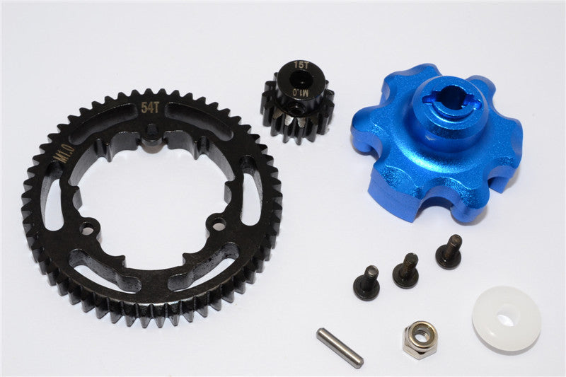 Traxxas X-Maxx 4X4 Aluminum Gear Adapter + Steel Spur Gear 54T + Motor Gear 15T - 1 Set Blue