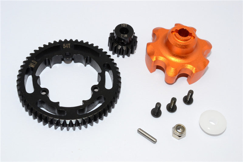 Traxxas X-Maxx 4X4 Aluminum Gear Adapter + Steel Spur Gear 54T + Motor Gear 15T - 1 Set Orange