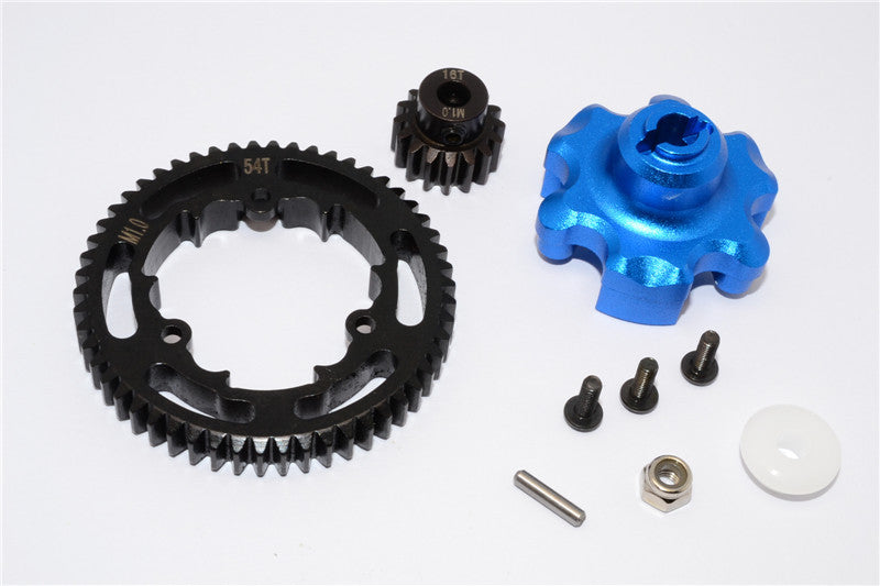 Traxxas X-Maxx 4X4 Aluminum Gear Adapter + Steel Spur Gear 54T + Motor Gear 16T - 1 Set Blue