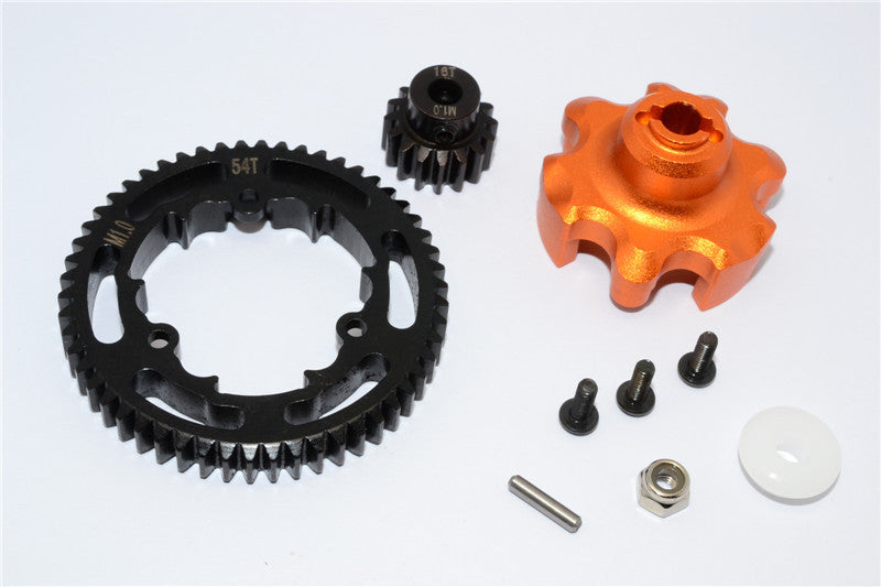 Traxxas X-Maxx 4X4 Aluminum Gear Adapter + Steel Spur Gear 54T + Motor Gear 16T - 1 Set Orange