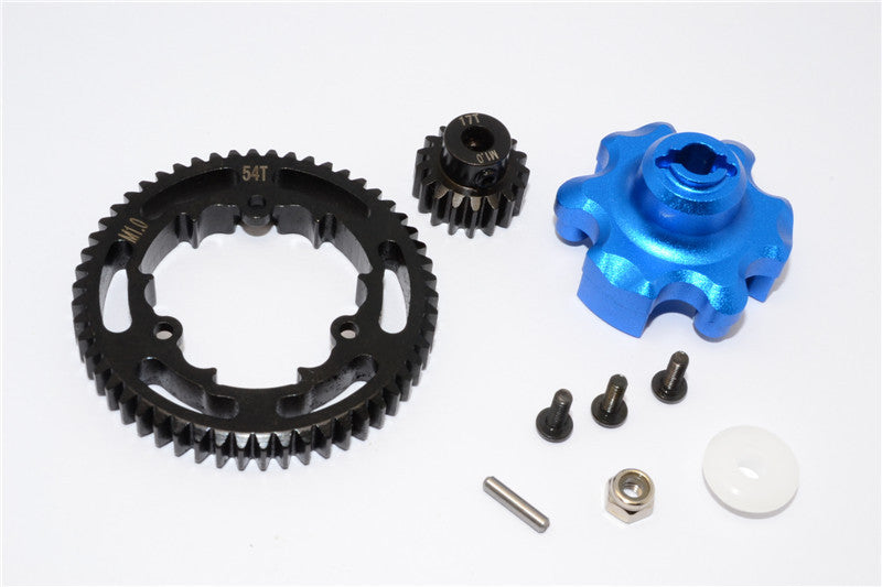 Traxxas X-Maxx 4X4 Aluminum Gear Adapter + Steel Spur Gear 54T + Motor Gear 17T - 1 Set Blue