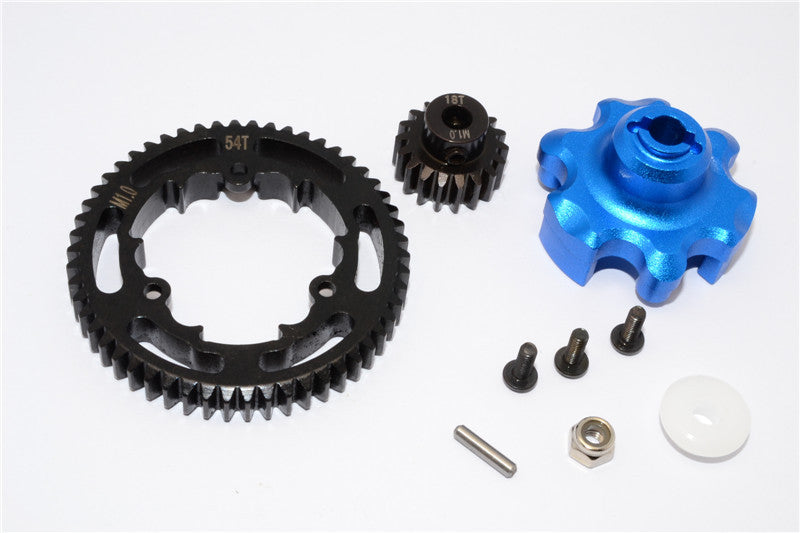 Traxxas X-Maxx 4X4 Aluminum Gear Adapter + Steel Spur Gear 54T + Motor Gear 18T - 1 Set Blue