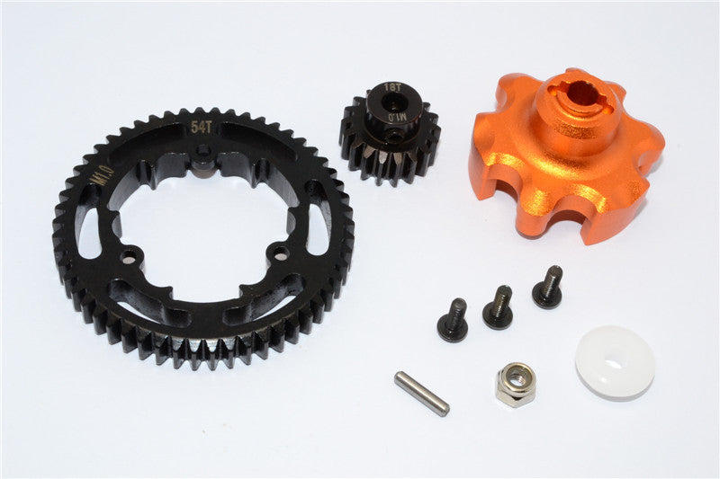 Traxxas X-Maxx 4X4 Aluminum Gear Adapter + Steel Spur Gear 54T + Motor Gear 18T - 1 Set Orange