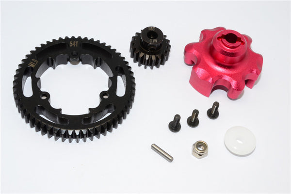 Traxxas X-Maxx 4X4 Aluminum Gear Adapter + Steel Spur Gear 54T + Motor Gear 18T - 1 Set Red