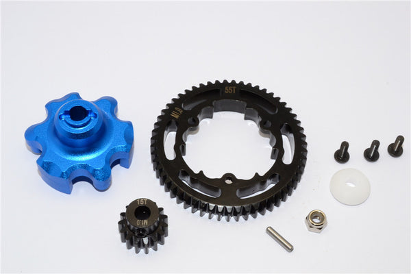 Traxxas X-Maxx 4X4 Aluminum Gear Adapter + Steel Spur Gear 55T + Motor Gear 15T - 1 Set Blue
