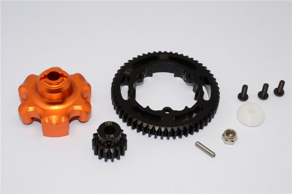 Traxxas X-Maxx 4X4 Aluminum Gear Adapter + Steel Spur Gear 55T + Motor Gear 15T - 1 Set Orange
