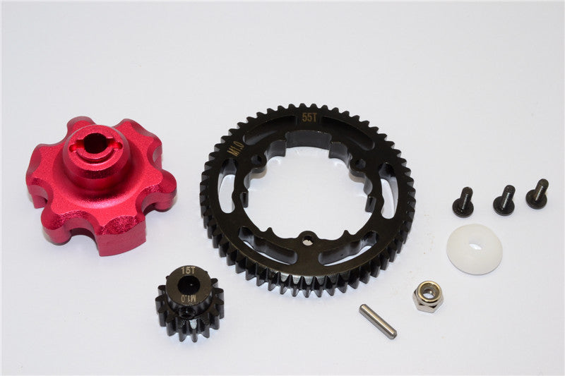 Traxxas X-Maxx 4X4 Aluminum Gear Adapter + Steel Spur Gear 55T + Motor Gear 15T - 1 Set Red
