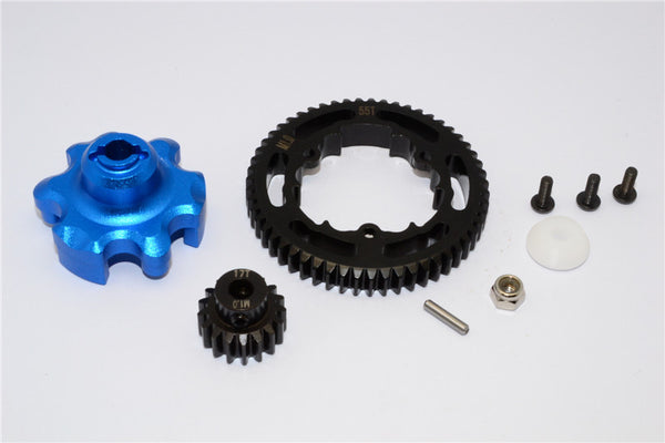 Traxxas X-Maxx 4X4 Aluminum Gear Adapter + Steel Spur Gear 55T + Motor Gear 17T - 1 Set Blue