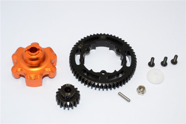 Traxxas X-Maxx 4X4 Aluminum Gear Adapter + Steel Spur Gear 55T + Motor Gear 17T - 1 Set Orange