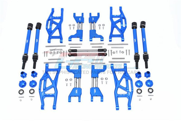 Traxxas 1/10 Maxx 4WD Monster Truck Aluminum F&R Upper+Lower Arms + F&R Adjustable CVD Drive Shaft + Hex Adapter + Wheel Lock + Stainless Steel Adjustable Front Steering Tie Rod - 84Pc Set Blue