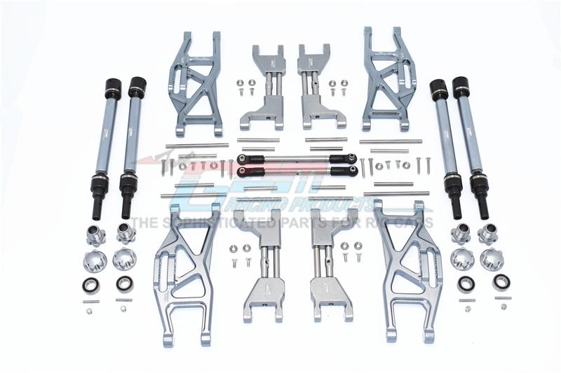 Traxxas 1/10 Maxx 4WD Monster Truck Aluminum F&R Upper+Lower Arms + F&R Adjustable CVD Drive Shaft + Hex Adapter + Wheel Lock + Stainless Steel Adjustable Front Steering Tie Rod - 84Pc Set Gray Silver