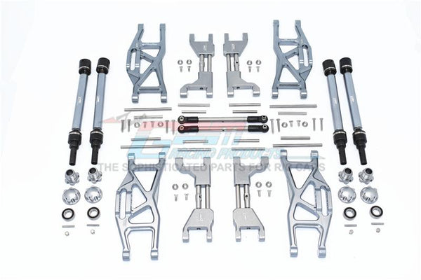 Traxxas 1/10 Maxx 4WD Monster Truck Aluminum F&R Upper+Lower Arms + F&R Adjustable CVD Drive Shaft + Hex Adapter + Wheel Lock + Stainless Steel Adjustable Front Steering Tie Rod - 84Pc Set Gray Silver