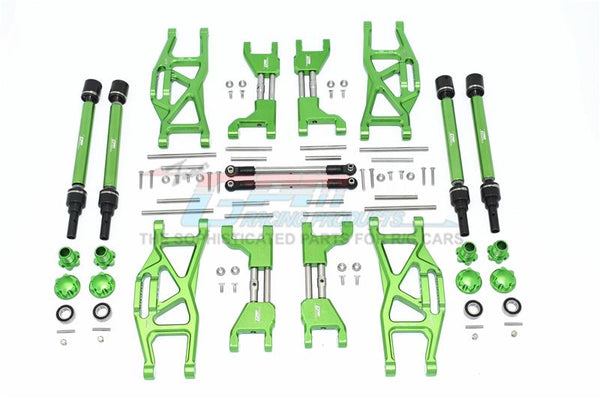 Traxxas 1/10 Maxx 4WD Monster Truck Aluminum F&R Upper+Lower Arms + F&R Adjustable CVD Drive Shaft + Hex Adapter + Wheel Lock + Stainless Steel Adjustable Front Steering Tie Rod - 84Pc Set Green