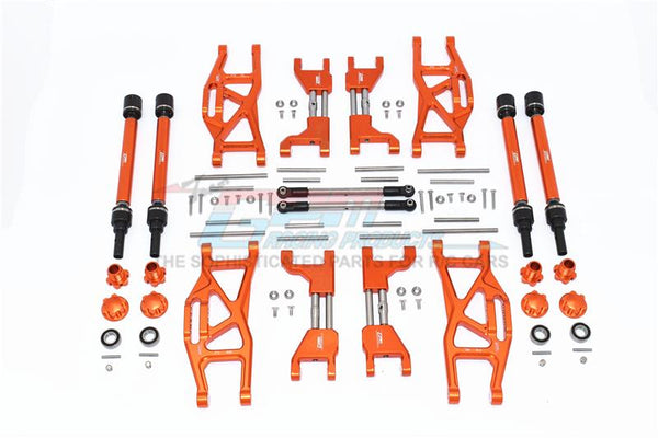 Traxxas 1/10 Maxx 4WD Monster Truck Aluminum F&R Upper+Lower Arms + F&R Adjustable CVD Drive Shaft + Hex Adapter + Wheel Lock + Stainless Steel Adjustable Front Steering Tie Rod - 84Pc Set Orange