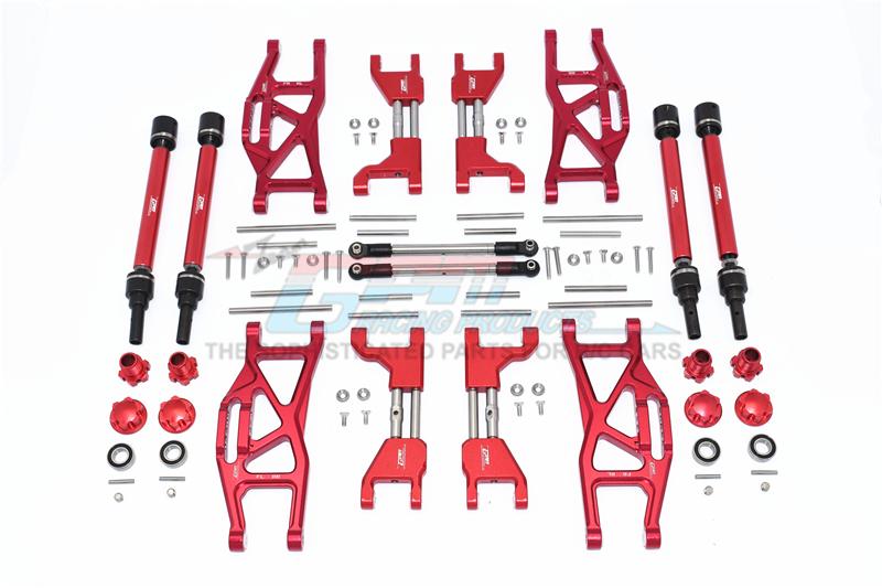 Traxxas 1/10 Maxx 4WD Monster Truck Aluminum F&R Upper+Lower Arms + F&R Adjustable CVD Drive Shaft + Hex Adapter + Wheel Lock + Stainless Steel Adjustable Front Steering Tie Rod - 84Pc Set Red