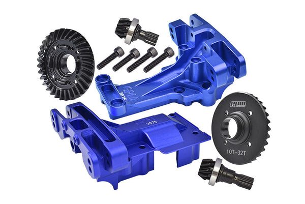 Aluminum 7075-T6 Front And Rear Upper Bulkhead + Medium Carbon Steel 32/10T Front And Rear Differential Gear Set For 1:5 Traxxas X Maxx 8S 77086-4 / XRT 8S 78086-4 Monster Truck Upgrades - Blue
