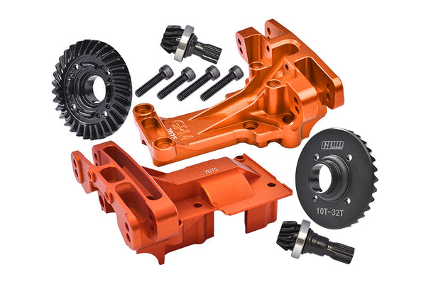Aluminum 7075-T6 Front And Rear Upper Bulkhead + Medium Carbon Steel 32/10T Front And Rear Differential Gear Set For 1:5 Traxxas X Maxx 8S 77086-4 / XRT 8S 78086-4 Monster Truck Upgrades - Orange