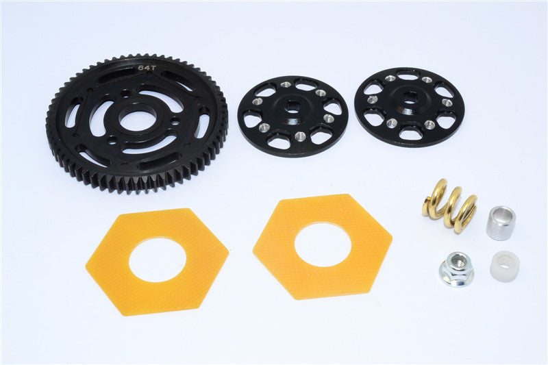 Axial Yeti Aluminum Spur Gear Adapter + Steel Spur Gear 32 Pitch 64T + Fibre Slipper Pad - 5 Pcs Set Black