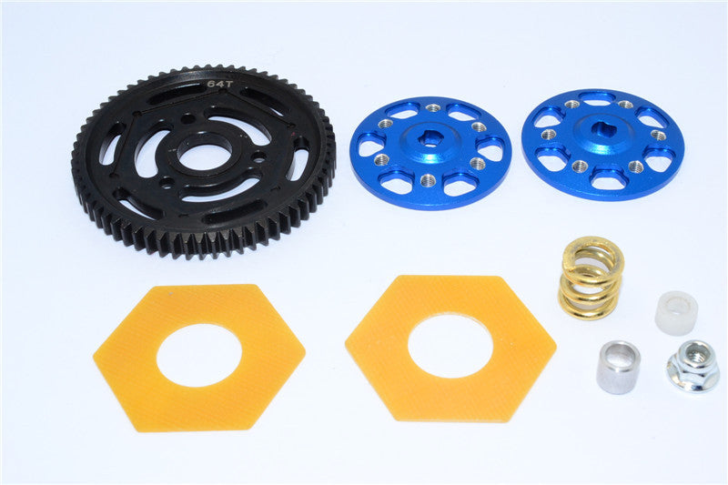 Axial Yeti Aluminum Spur Gear Adapter + Steel Spur Gear 32 Pitch 64T + Fibre Slipper Pad - 5 Pcs Set Blue