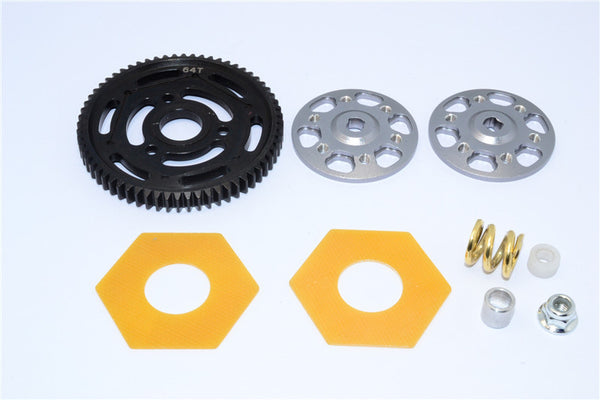 Axial Yeti Aluminum Spur Gear Adapter + Steel Spur Gear 32 Pitch 64T + Fibre Slipper Pad - 5 Pcs Set Gray Silver