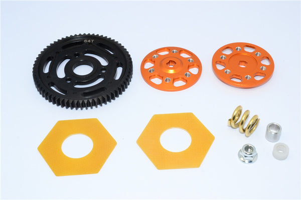 Axial Yeti Aluminum Spur Gear Adapter + Steel Spur Gear 32 Pitch 64T + Fibre Slipper Pad - 5 Pcs Set Orange
