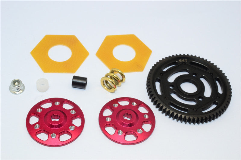 Axial Yeti Aluminum Spur Gear Adapter + Steel Spur Gear 32 Pitch 64T + Fibre Slipper Pad - 1 Set Red