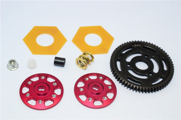 Axial Yeti Aluminum Spur Gear Adapter + Steel Spur Gear 32 Pitch 64T + Fibre Slipper Pad - 1 Set Red