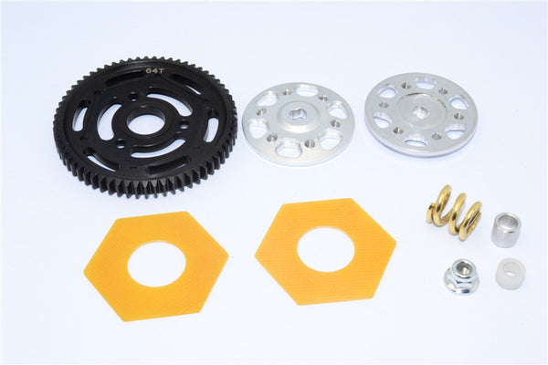 Axial Yeti Aluminum Spur Gear Adapter + Steel Spur Gear 32 Pitch 64T + Fibre Slipper Pad - 5 Pcs Set Silver