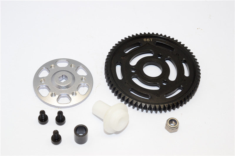 Axial Yeti Aluminum Spur Gear Adapter + Steel Spur Gear 32 Pitch 66T - 2Pcs Set Gray Silver