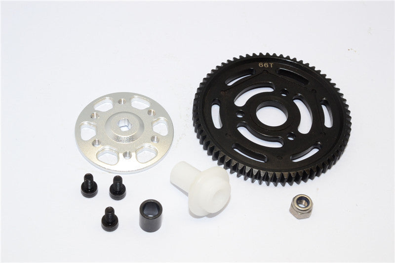 Axial Yeti Aluminum Spur Gear Adapter + Steel Spur Gear 32 Pitch 66T - 2Pcs Set Silver
