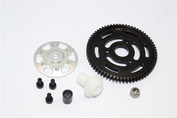 Axial Yeti Aluminum Spur Gear Adapter + Steel Spur Gear 32 Pitch 66T - 2Pcs Set Silver