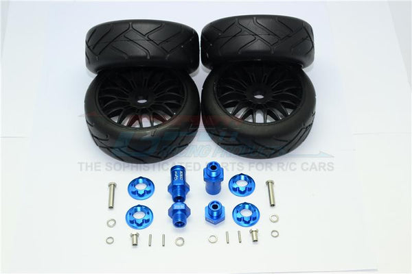 Axial Yeti Rock Racer Aluminum Front & Rear Hex Adapters + Rubber On-Road Radial Tires With Plastic Wheels - 2Prs Set Blue
