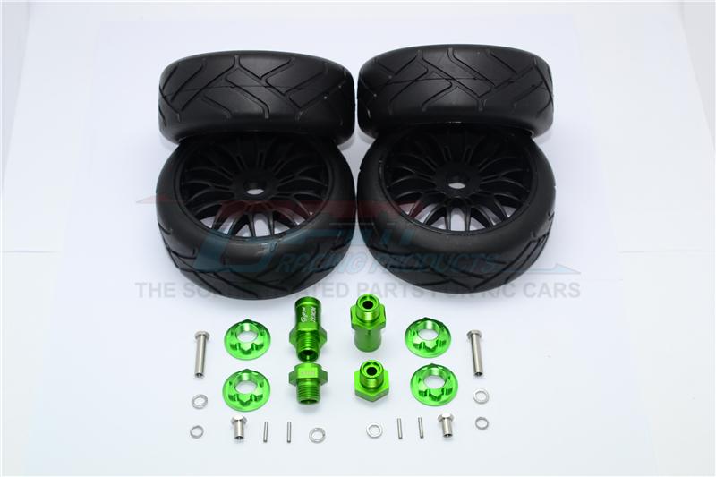 Axial Yeti Rock Racer Aluminum Front & Rear Hex Adapters + Rubber On-Road Radial Tires With Plastic Wheels - 2Prs Set Green