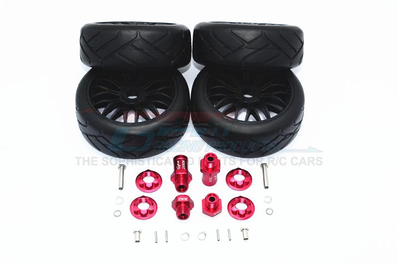 Axial Yeti Rock Racer Aluminum Front & Rear Hex Adapters + Rubber On-Road Radial Tires With Plastic Wheels - 2Prs Set Red