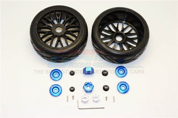 Axial Yeti (AX90026) & Yeti SCORE (AX90050, AX90068) Rubber Radial Tires With Plastic Wheels & Wheel Hub Adapters, 12mm To 17mm Converter, 4mm & 5mm Wheel Lock - 2Pcs Set Blue