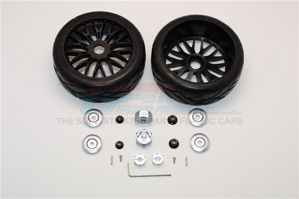 Axial Yeti (AX90026) & Yeti SCORE (AX90050, AX90068) Rubber Radial Tires With Plastic Wheels & Wheel Hub Adapters, 12mm To 17mm Converter, 4mm & 5mm Wheel Lock - 2Pcs Set Gray Silver