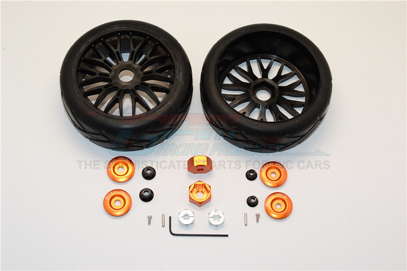 Axial Yeti (AX90026) & Yeti SCORE (AX90050, AX90068) Rubber Radial Tires With Plastic Wheels & Wheel Hub Adapters, 12mm To 17mm Converter, 4mm & 5mm Wheel Lock - 2Pcs Set Orange