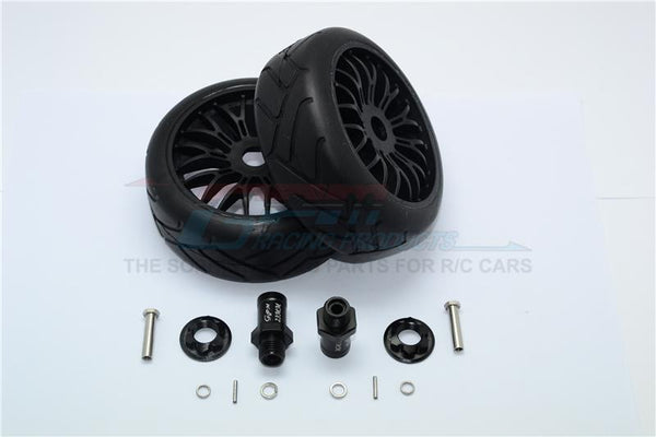 Axial Yeti Rock Racer Aluminum 23mm Rear Hex Adapters + Rubber On-Road Radial Tires With Plastic Wheels - 1Pr Set Black